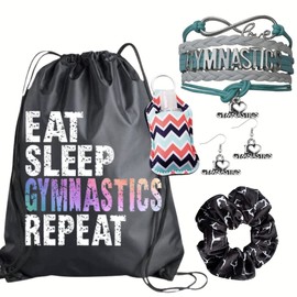 Gymnastics Gift Bundle – Drawstring Bag, Charm Bracelet, Earrings, Scrunchie & Hand Sanitizer Holder – Gymnastics Accessories Set for Girls and Teams