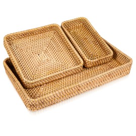 Set of 3 Wicker Storage Basket Rattan Tray Rectangular Wicker Basket Decorative Serving Tray Food Serving Holders Fruit Baskets Woven Baskets for Storage Home Kitchen Restaurant Decor