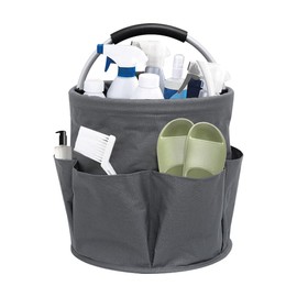 XEERUN Freestanding Tool Basket, Cleaning Supplies Organiser, Portable Cleaning Bag, Cleaning Caddy, Foldable Cleaning Bag, with Handle and 6 Pockets, for Indoor, Garden, Bathroom, Grey