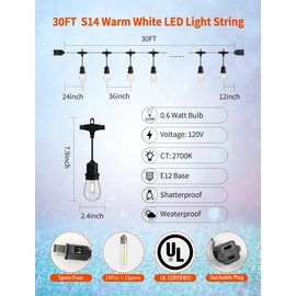 Hobbynors Outdoor String Lights 30FT, Patio Lights Outdoor Waterproof, Plug-in Hanging Lights with Shatterproof LED Bulbs, 2700K Warm White, E12 Connectable Lights for Porch Backyard Balcony Gazebo