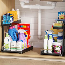 hxbigjin 2 Pack Under Sink Organizer, 2 Tier Pull Out Cabinet Organizer, Under Kitchen and Bathroom Sink Organizer and storage, Kitchen Sink Organizer Under Cabinet