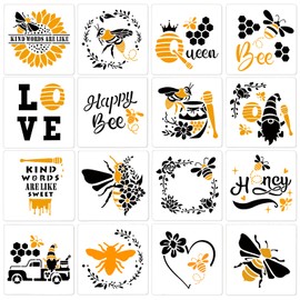16 Pieces Bee Honeycomb Stencils Reusable Plastic Art Craft Stencils Sunflower Stencils Honey Bee Stencils for Painting on Wall Fabric Furniture Floor Crafts Home Decor, 5.9 x 5.9 Inch