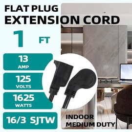 GREATIDE Cable de extensión de enchufe plano de 1 pie, cable de extensión de perfil bajo negro de 16 AWG de 3 clavijas para interiores, paquete de 3