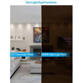 TORCHSTAR 5CCT 2 Inch LED Recessed Lighting with Night Light, Dimmable & 2700K-5000K Selectable, CRI90 Anti-Glare Baffle Trim Recessed Down Light for Hallway Bedroom Kids Room, ETL, Pack of 6