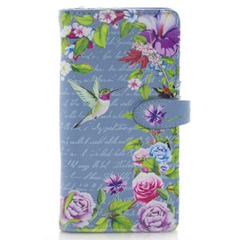 Shag Wear Vintage Hummingbird Large Wallet for Women and Teen Girls Vegan Faux Leather 7" Blue