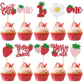 30 PCS Sweet One Strawberry Cupcake Toppers Glitter Sweet Berry 1st Birthday Cupcake Picks Strawberry Birthday Decorations for Baby Shower Kids First Birthday Party Cake Decorations Supplies