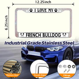 I Love My French Bulldog Rhinestone License Plate Frame French Bulldog Easy Installation License Plate Frame Sparkle French Bulldog Paw License Plate Frame for Mother’s Day with Chrome Mounting Set