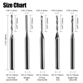10PCS CNC Router Bits Set 1/8" Shank，1/16" Cutting Dia，Carbide End Mill for Wood PVC MDF Hardwood - Includes O Flute Downcut, Upcut, 2 Flute, Straight & Ball Nose Bits (2 Each of 5 Types)