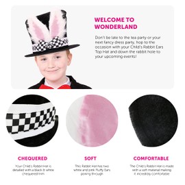Kids White Rabbit Hat Costume Accessory - Girls & Boys White Rabbit Fancy Dress Accessory - White Rabbit Black Top Hat With Checkered Band & Bow, & Fluffy White Bunny Ears - Pack Of 2