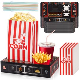 FACULX 89 Pcs Movie Night Supplies Movie Night Snack Trays Snack Bag and Drink Straw，Snack Tray Popcorn Bags Movie Theme Party Decorations，Party Supplies for Birthday Game Night Movie Night