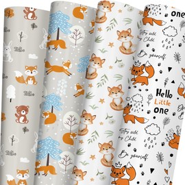 SaringSwoon Baby Shower Wrapping Paper - Gift Wrap With Funny Fox, Bear, Rabbit, Hello Little One, Floral and Woodland Design for Kids Birthday, Christmas - 20×29 Inches, 8 Folded Sheets