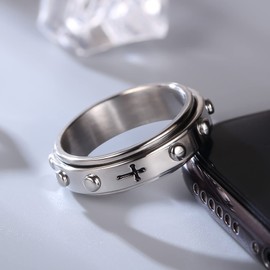 Adreamz 6mm Spinner Rosary Ring for Anxiety Relief Fidget Spinner Ring with Anti-worry Beads Cross Wedding Bands for Men Women 6