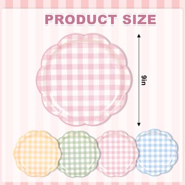 48Pcs Pastel Plaid Paper Plates, Scalloped, 9 Inch, 4 Colors