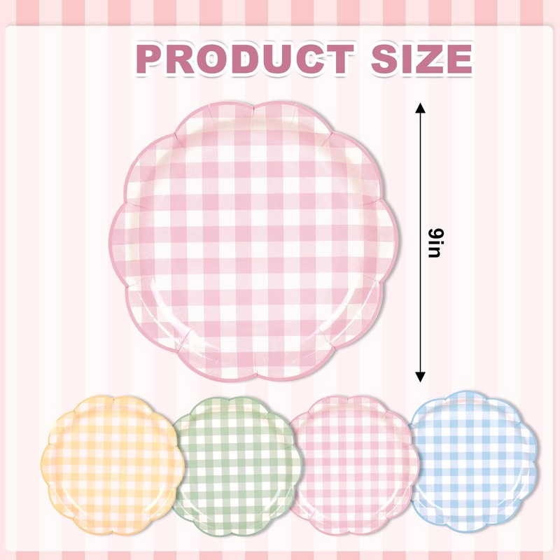48Pcs Pastel Plaid Paper Plates, Scalloped, 9 Inch, 4 Colors