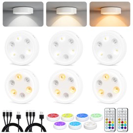 LOINSGLIM 6-Pack Puck Lights with Remote, 1800mAh Rechargeable Under Cabinet Lighting, 3 Color Temps & 7 RGB Colors, Long-Lasting Dimmable Stick-On Lights for Cabinet, Kitchen, Shelf, Party