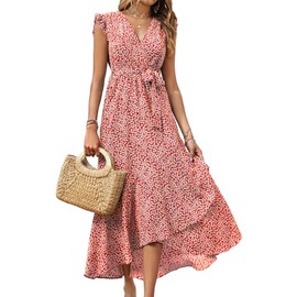BTFBM Summer Floral Maxi Dress for Women 2025 Vacation Ruffle Sleeve V Neck Belt Wrap Spring Beach Wedding Guest Dresses(Floral Print Red, Small)