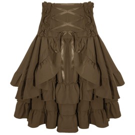 SEAUR Victorian Skirt Women's Midi High Waist Ruffle Skirt Renaissance Medieval Vintage Steampunk Gothic Skirt A-line Lacing Three-Layer Skirt Carnival Festive Cosplay Costume, brown, S