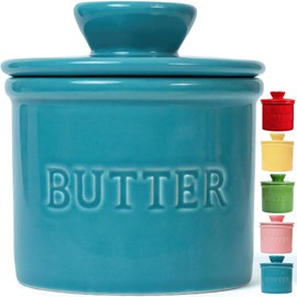 PriorityChef French Butter Crock with Lid, Get on Demand Spreadable Butter, Ceramic Butter Keeper to Leave on Counter with Water Line, Turquoise