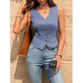 vinglam Women's Pure Linen Cropped Button V Neck Back Tie Waistcoat 100% Linen Vest with Pocket