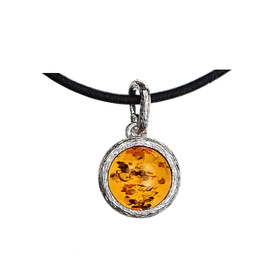 Artisana-Schmuck Amber Pendant, Modern Small Round Pendant (without Chain) Made of Amber and Rhodium-Plated 925/000 Sterling Silver, Rhodium-plated 925/000 sterling silver Baltic Amber, Amber