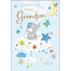 New Baby Great Grandson Congratulations Card - Great Grandson to Love and Treasure - Elephant and Stars - Special Finishes and Illustrated Insert Leaf - Made in the UK