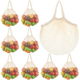 SATINIOR 8 Pcs Large Cotton Mesh Grocery Bags 16x16x12 Inch Reusable Washable Cotton String Shopping Bags Beige Produce Containers