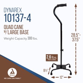 Dynarex Quad Cane with Large Base, Provides Maximum Mobility Support in a Stable One-Hand Walking Aid, 300 Pound Weight Capacity, Black, 4 Canes