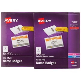 Avery Clip Name Badges, Print or Write, 200 Inserts & Badge Holders with Clips, 2-1/4" x 3-1/2", 2 Pack (74461)