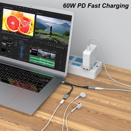 Jadebones Jadebones USB C Splitter, 2-in-1 USB C Headphone Adapter Audio Dongle Cable with PD 60W Charging Port Compatible with iPhone 16/15 Series, iPad, Galaxy S24/S23 and More