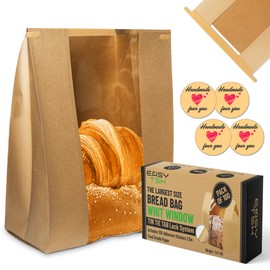 New EASY TSK 100 Pack - Paper Bread Bags for Sourdough - XL 16"x8.5"x4" - Bread Bag with Window - Bread Bags with Ties - Tin Tie Tab Lock - 100 New Stickers - Cookie Bakery Bag - Loaf Bags In Box