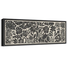 MUDECOR Large Framed Canvas Print Wall Art Monochrome Floral Pattern Bold Black Botanical Antique Retro Ready to Hang Painting for Living Room Bedroom Multi-Sizes - 60"x20"