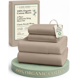 LANE LINEN 100% Organic Cotton California King Sheets Set, 4-Piece Organic Cotton Percale Weave Ultra Soft & Comfy Machine Washable Mercerized Bed Sheets, Fits Mattress Upto 15" Deep - Taupe