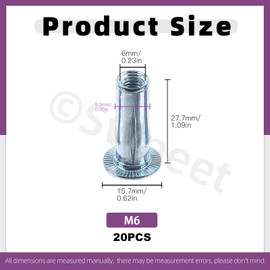 Swpeet 20Pcs M6 Metric Carbon Steel White Zinc-Plated Multi-Grip Rivet Nuts Plus Nuts Rivnuts Kit, Bulbed Shank Flat Head Threaded Insert Nut Construction Fasteners for Industrial