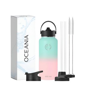 Oceania Wide Mouth 32oz Candy Floss Flask Stainless Steel Sports Water Bottle | Modern, Leakproof, BPA-Free, Insulated with 3 Lids, 3 Straws & 2 Straw Cleaning Brushes | Camping & Hiking Simple Flask