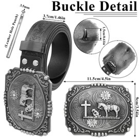 RechicGu Western Leather Buckle Belt for Men Women, Cowboy Floral Engraved Embossed Leather Belt With Religion Cross Prayer Horse Silver Vintage Buckles, 1-1/2 Inch Wide S Black