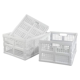Asking 30 L Plastic Collapsible Storage Basket Folding Crate, Set of 3, White