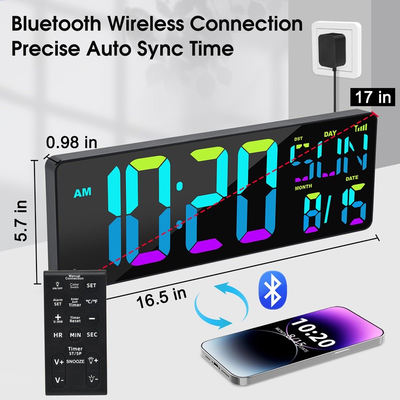 XREXS Large Digital Wall Clock Bluetooth Sync, 17.2" RGB Color
