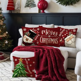 NIGHTWISH Red Christmas Decor Pillow Covers 18x18 Set of 4 Snowman Let It Snow Believe Santa Claus Throw Pillow Covers Merry Christmas Xmas Tree Winter Holiday Cushion Case Decorations for Sofa Couch