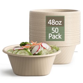 Homestockplus 48 Oz Disposable Salad Bowls - Heavy Duty Paper Bowls - Made from 100% Sugarcane Fiber, Microwave Safe - Large Paper Bowls for Soup, Salad, Ramen, Popcorn, etc.[50 Pack]