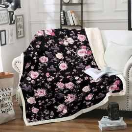 Feelyou Flower Fleece Throw Blanket Throw 50"x60" Kids Floral Botanical Sherpa Blanket Plush Fuzzy Blossom Flowers Pattern Pink Black for Bed Couch Chair Living Room