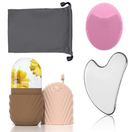 El Rodillo de Hielo Facial y Las Almohadillas Gua sha reducen la Hinchazón de la Cara y Los Ojos, y el Cepillo de Lavado Limpia las Impurezas Faciales.Hielo para la Cara(Brown)