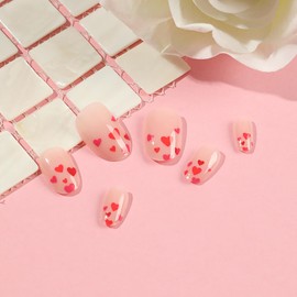 Valentine’s Day Press On Nails Medium Almond Fake Nails Nude Pink With Heart Design False Nails Glossy Stick On Nails Acrylic Nails Press Ons Full Cover Glue On Nails For Women 24Pcs