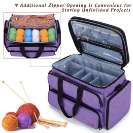 YARWO Knitting Yarn Bag, Portable Crochet Storage Tote with Double Top Cover and Yarn Holes for Knitting Needles(Up to 14”), Unfinished Projects and Skeins of Yarn, Purple