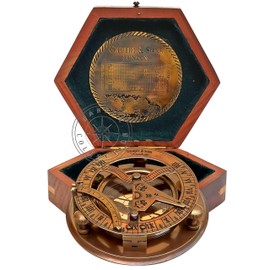 Hanzla Collection Antique Brass Sundial Compass with Wooden Box and Chart | Working Compass | Gilbert & Sons London Sun Clock Decorations Ship Replica Watch