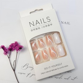 White Press on Nails Medium Square Fake Nails Full Cover False Nails with White Swirl Designs Glue on Nails Glitter Glossy Stick on Nails Nude Artificial Acrylic Nails for Women Girls Manicure 24Pcs