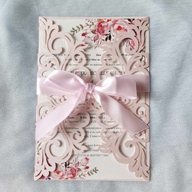 25PCS Blush Pink Laser Cut Wedding Invitations Cards with Envelopes,Blank Inner Sheets,Ribbons for Wedding Bridal Shower Quinceañera Engagement Birthday Invites