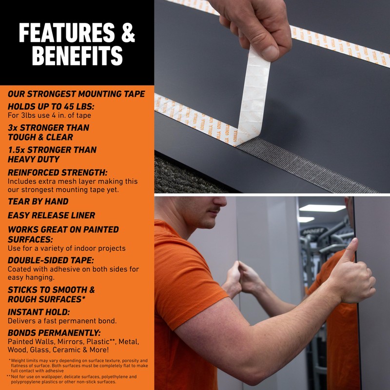 Gorilla® Max Strength Mounting Tape, Double-Sided, Instant Hold, Permanent Bond