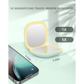 Dec.Metu Compact Mirror, 1X/5X Magnification Pocket Travel Makeup Mirror with Lights for Purse Rechargeable Small Handheld Mirror for Gift Green