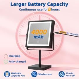 Ruacq Vanity Mirror with Lights, Height & Brightness Adjustable, Rechargeable 4000mAh Lighted Makeup Mirror with Magnification 1X/10X, 3 Color Lights & 360° Rotation (Matte Black-Table)