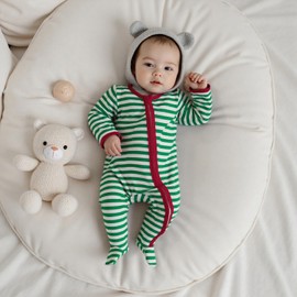 BULINGNA Newborn Baby Girl Boy My First Christmas Outfit Long Sleeve Letters Print Footies Jumpsuit with Zipper Fall Outfit (Green Stripe, 6-12 Months)